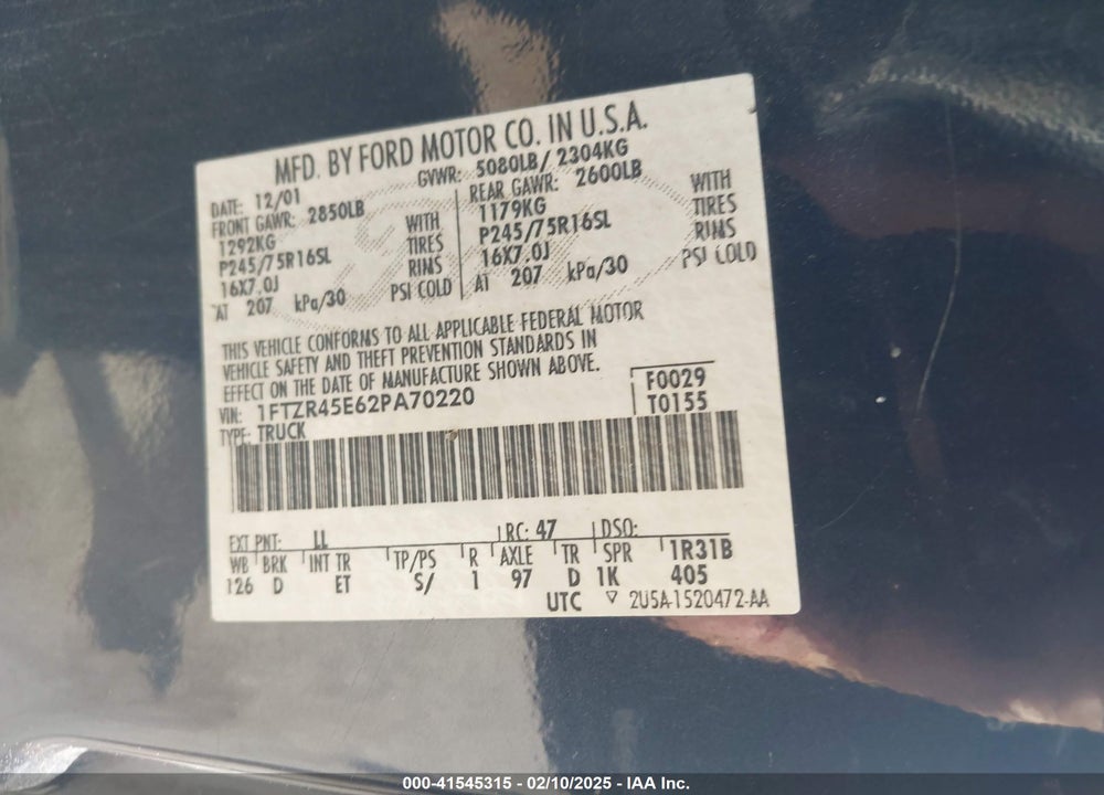 2002 FORD RANGER EDGE/XLT VIN: 1FTZR45E62PA70220