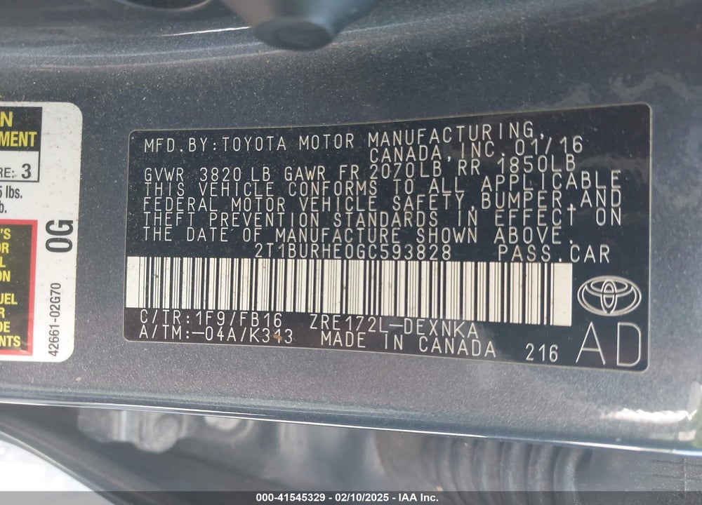 2016 TOYOTA COROLLA VIN: 2T1BURHE0GC593828