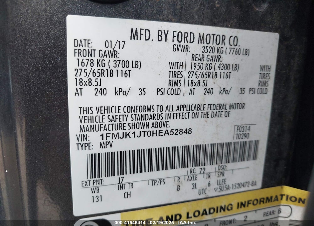 2017 FORD EXPEDITION EL XLT VIN: 1FMJK1JT0HEA52848