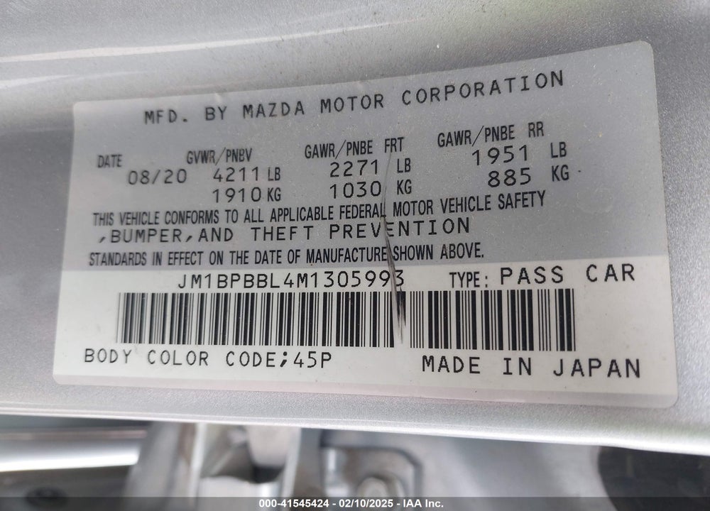 2021 MAZDA MAZDA3 VIN: JM1BPBBL4M1305993