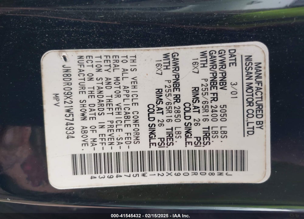 2001 NISSAN PATHFINDER SE VIN: JN8DR09X21W574934