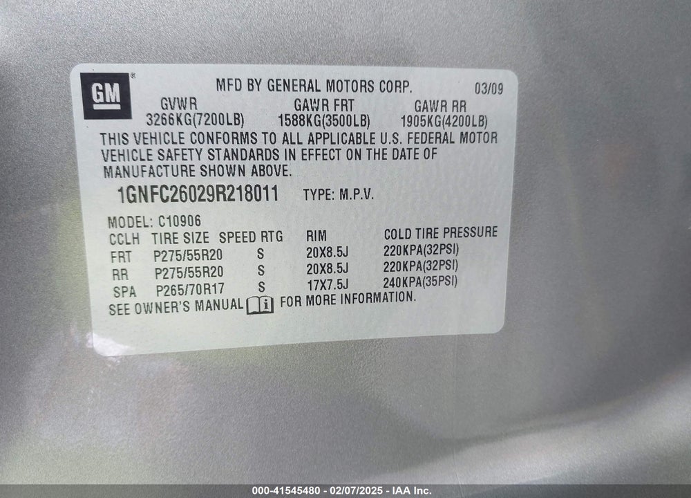 2009 CHEVROLET SUBURBAN 1500 LT2 VIN: 1GNFC26029R218011