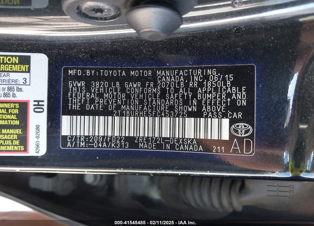 2015 TOYOTA COROLLA VIN: 2T1BURHE5FC453725
