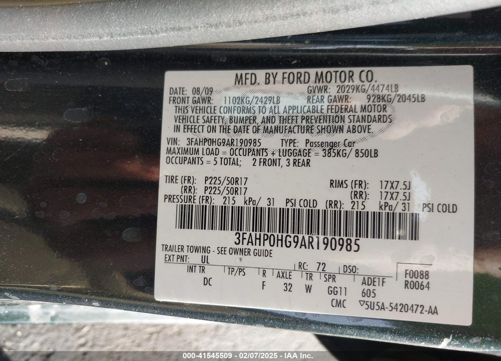 2010 FORD FUSION SE VIN: 3FAHP0HG9AR190985