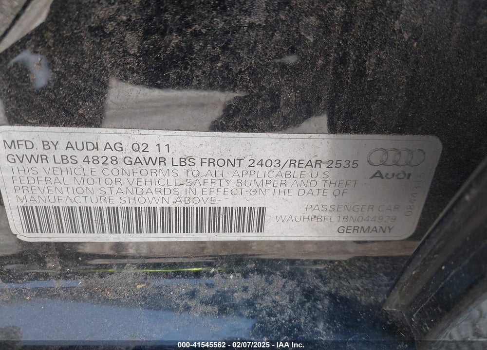 2011 AUDI A4 VIN: WAUHFBFL1BN044929