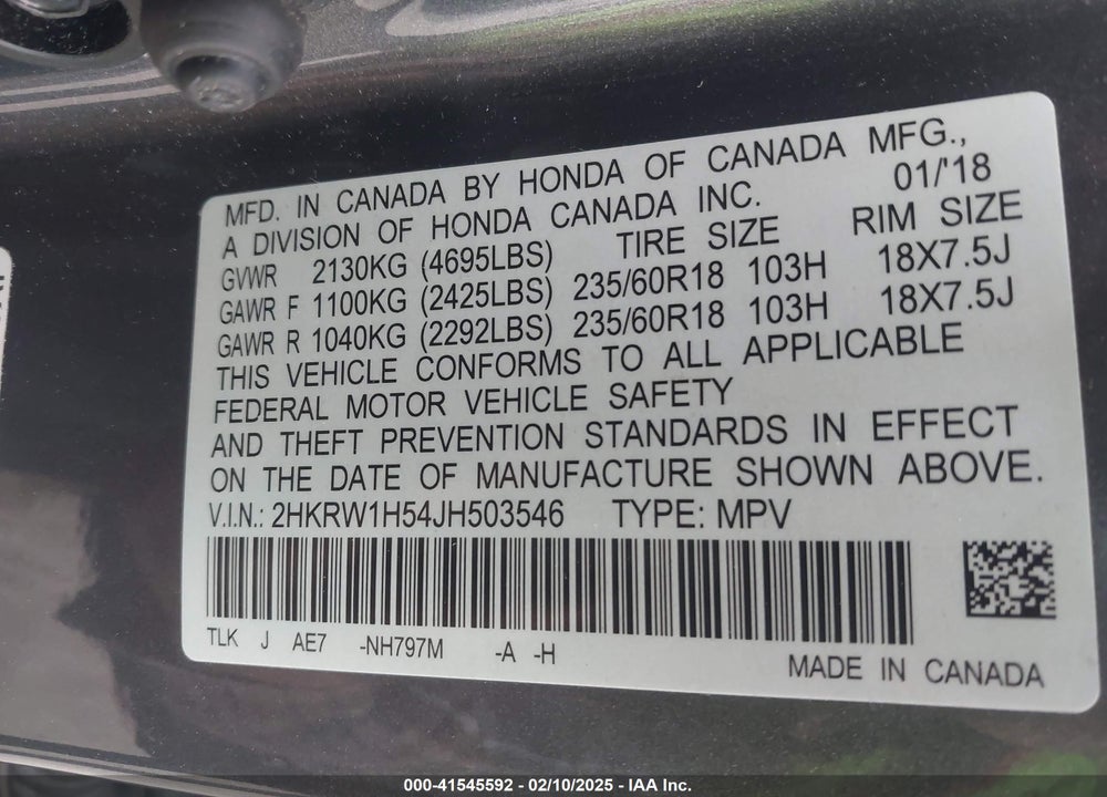 2018 HONDA CR-V EX VIN: 2HKRW1H54JH503546