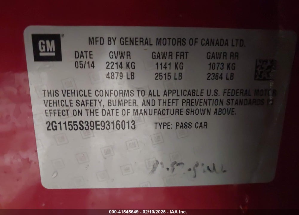 2014 CHEVROLET IMPALA VIN: 2G1155S39E9316013