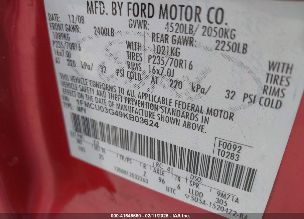 2009 FORD ESCAPE XLT VIN: 1FMCU03G49KB03624