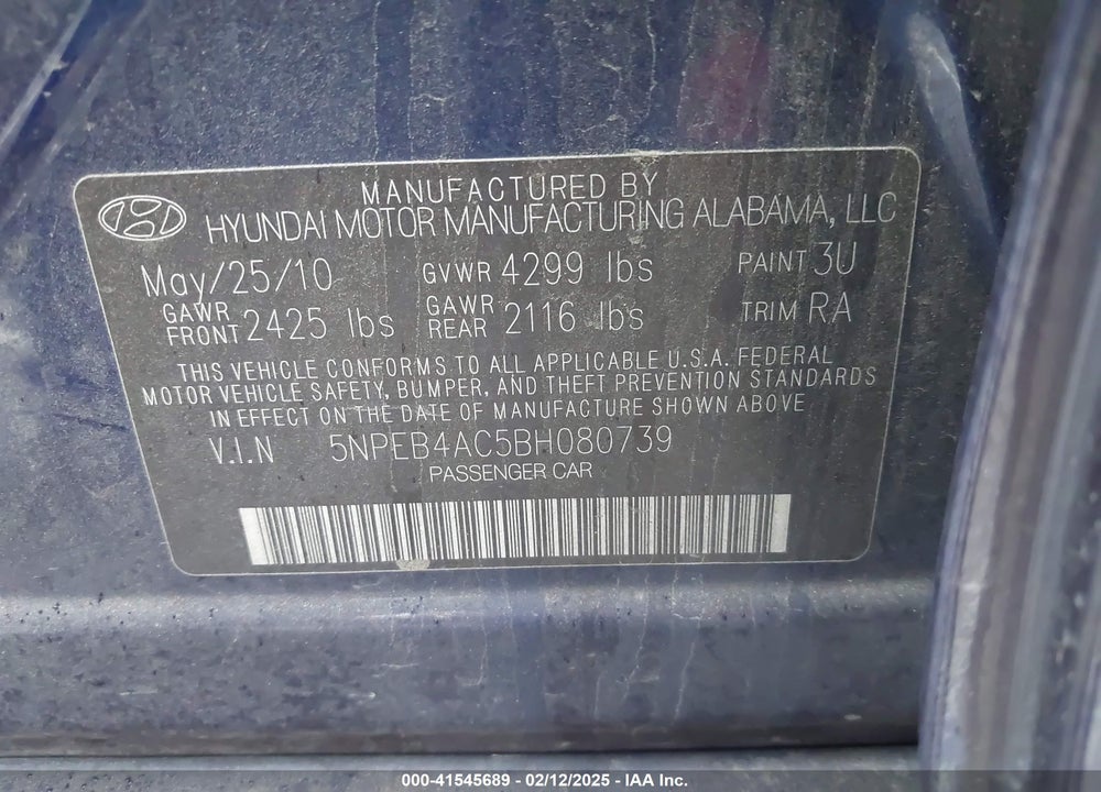2011 HYUNDAI SONATA VIN: 5NPEB4AC5BH080739