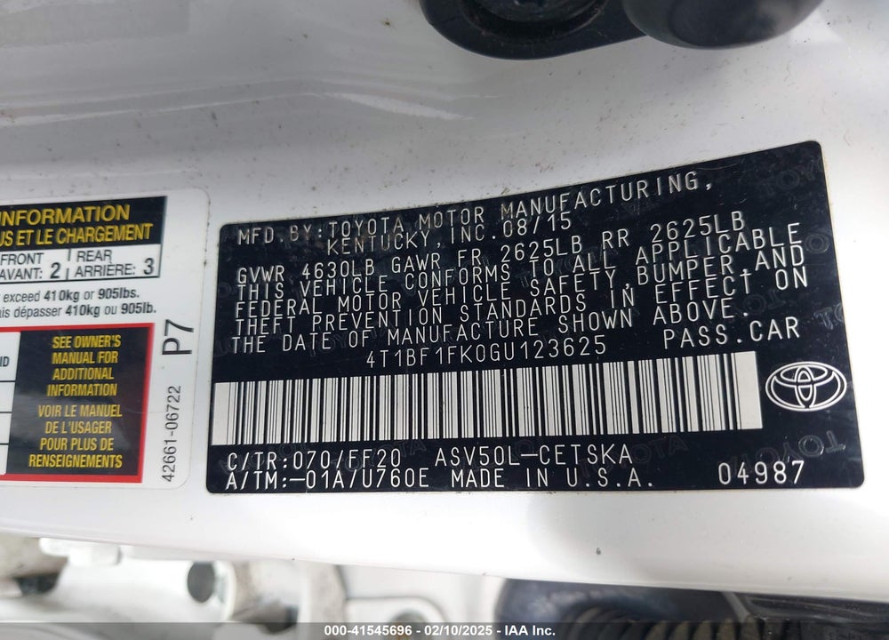 2016 TOYOTA CAMRY VIN: 4T1BF1FK0GU123625