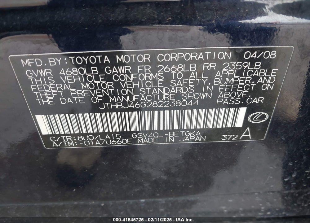 2008 LEXUS ES 350 VIN: JTHBJ46G282238044