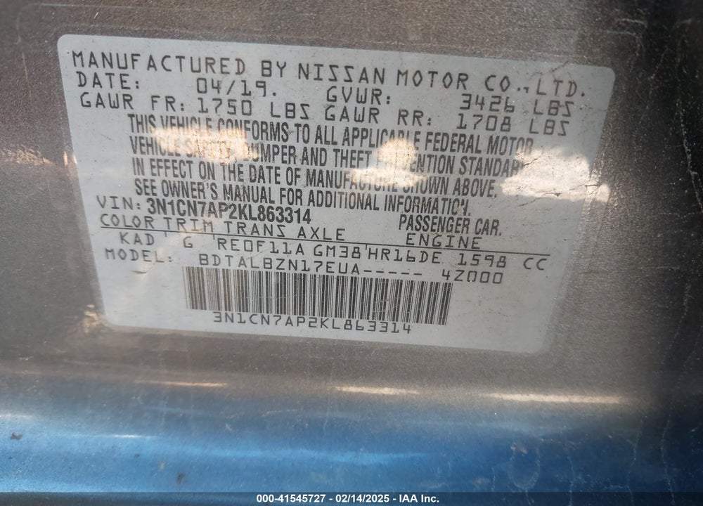 2019 NISSAN VERSA VIN: 3N1CN7AP2KL863314
