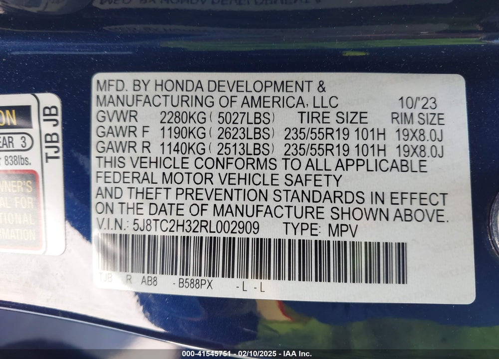 2024 ACURA RDX STANDARD VIN: 5J8TC2H32RL002909