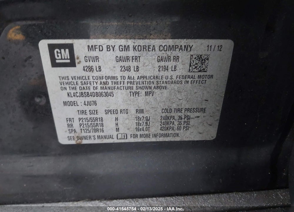 2013 BUICK ENCORE CONVENIENCE VIN: KL4CJBSB4DB063045