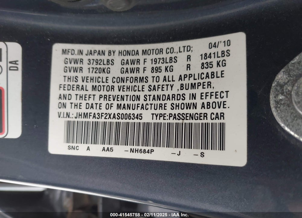 2010 HONDA CIVIC HYBRID VIN: JHMFA3F2XAS006345