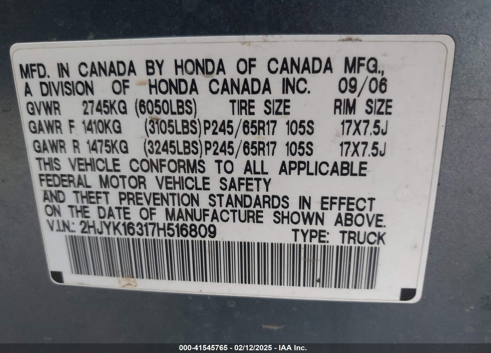 2007 HONDA RIDGELINE RTX VIN: 2HJYK16317H516809