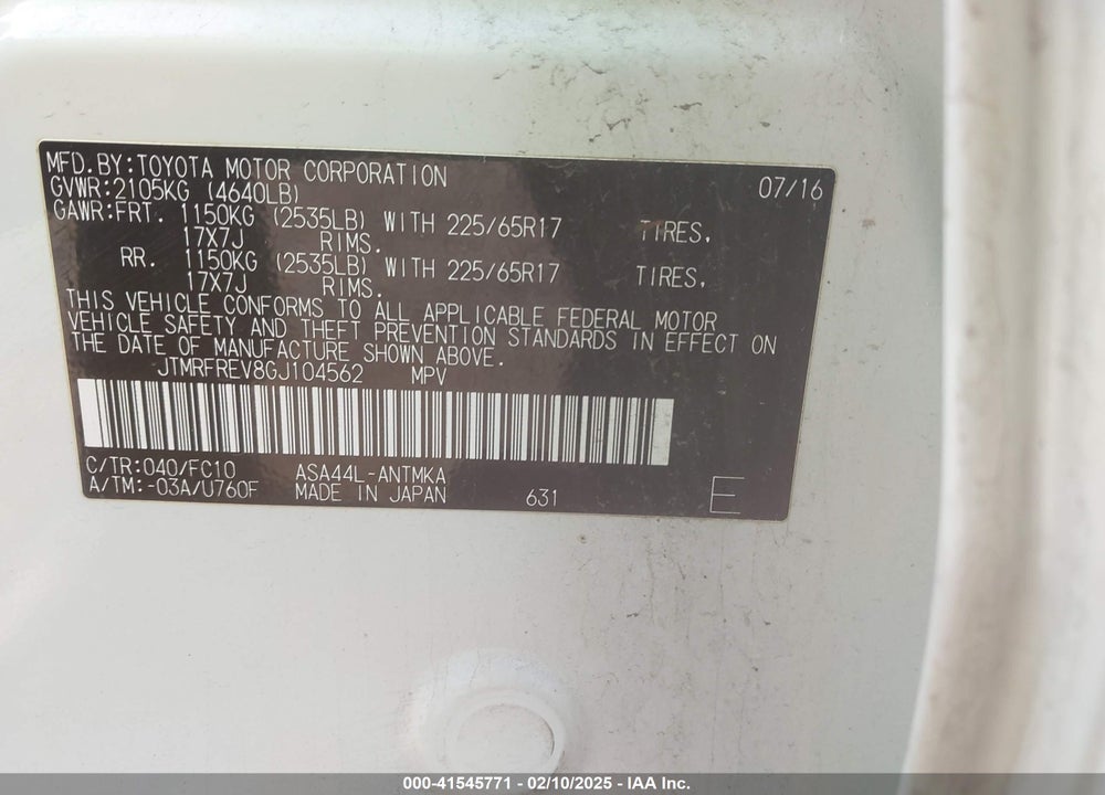 2016 TOYOTA RAV4 XLE VIN: JTMRFREV8GJ104562