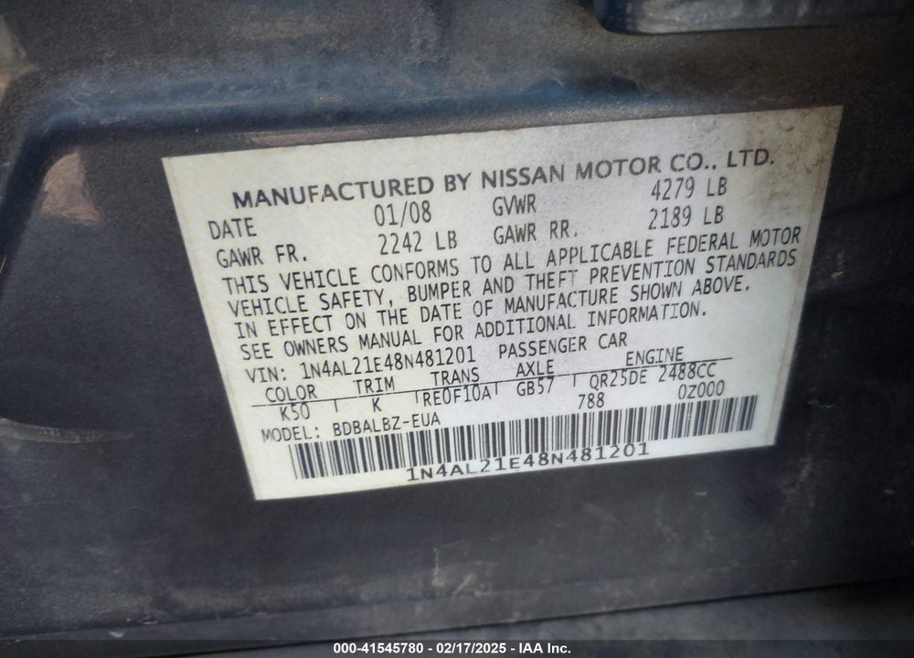 2008 NISSAN ALTIMA VIN: 1N4AL21E48N481201