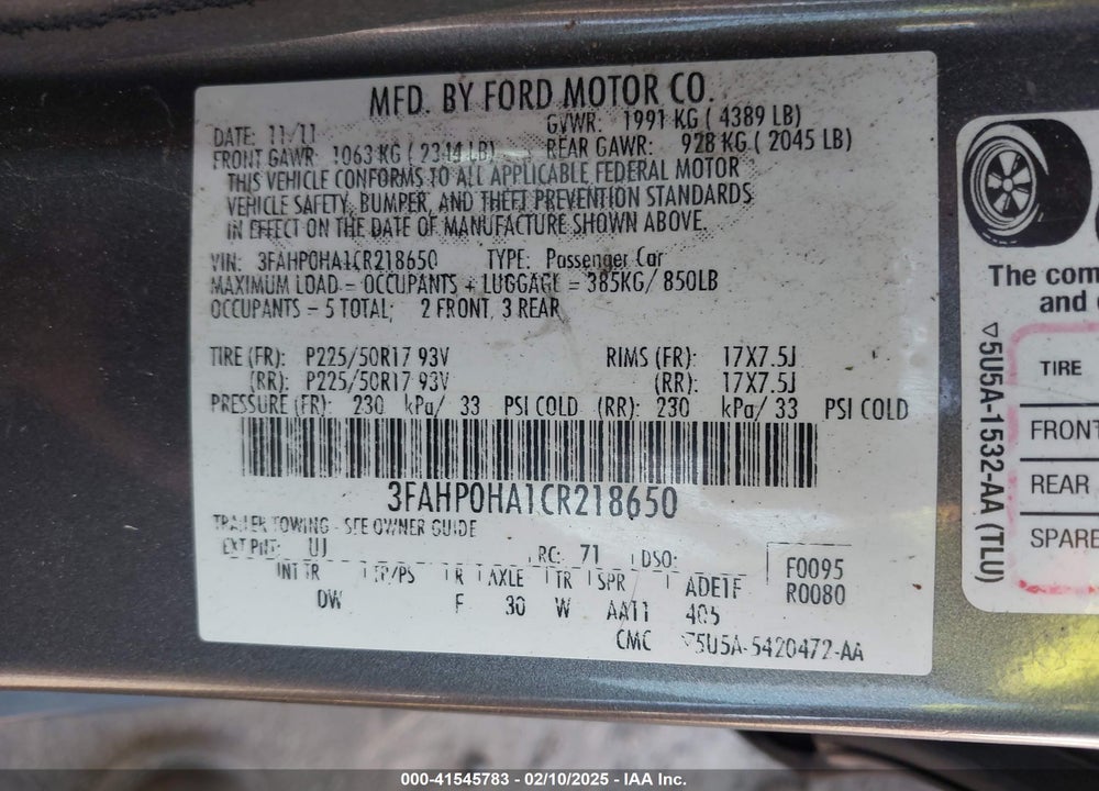 2012 FORD FUSION SE VIN: 3FAHP0HA1CR218650