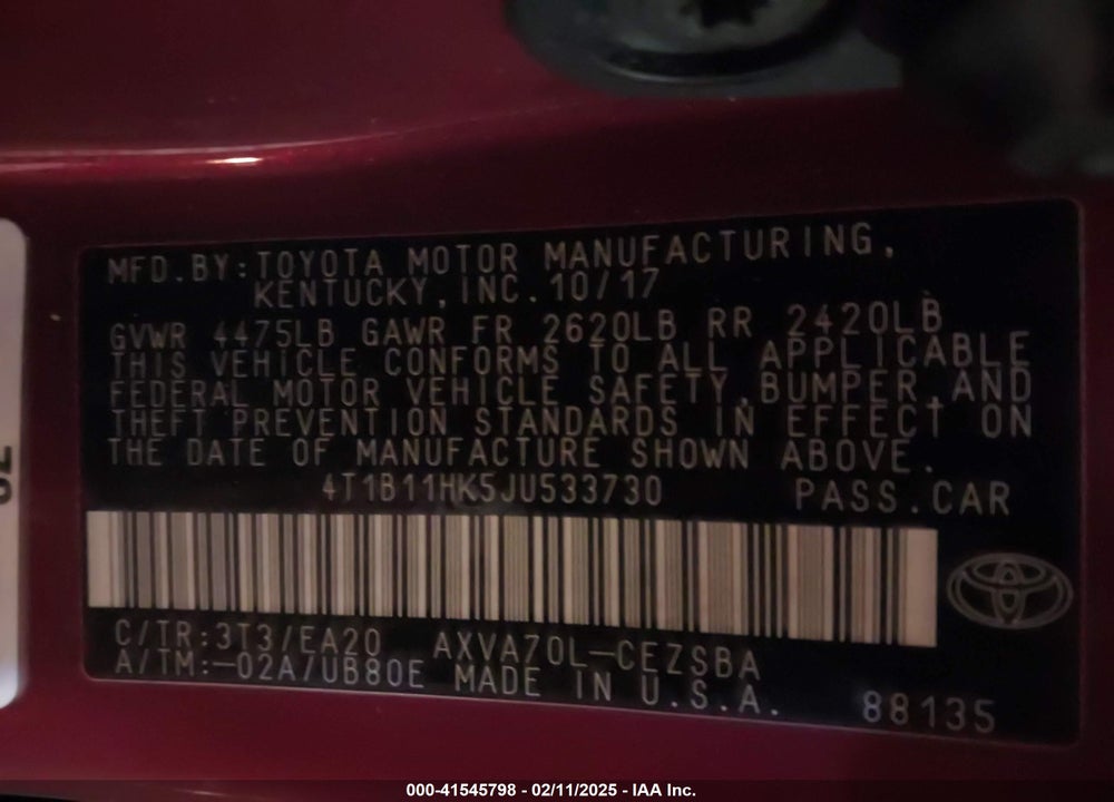 2018 TOYOTA CAMRY VIN: 4T1B11HK5JU533730