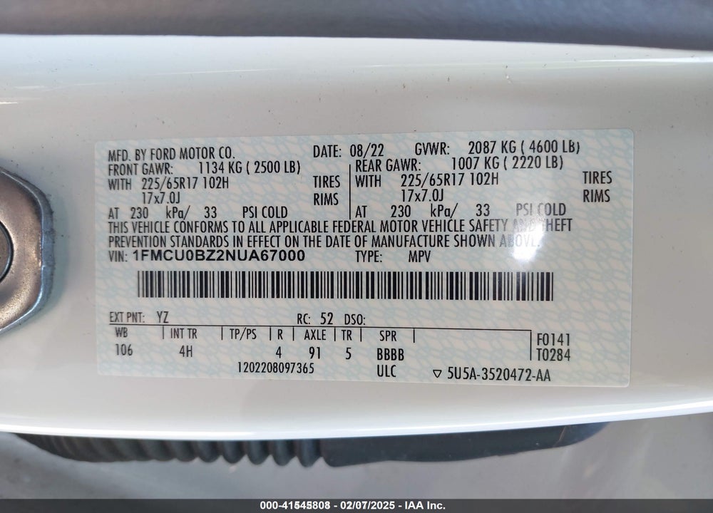 2022 FORD ESCAPE SE HYBRID VIN: 1FMCU0BZ2NUA67000