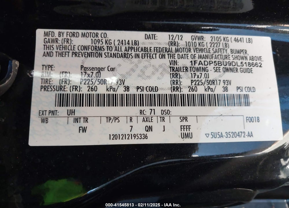 2013 FORD C-MAX HYBRID VIN: 1FADP5BU9DL518662