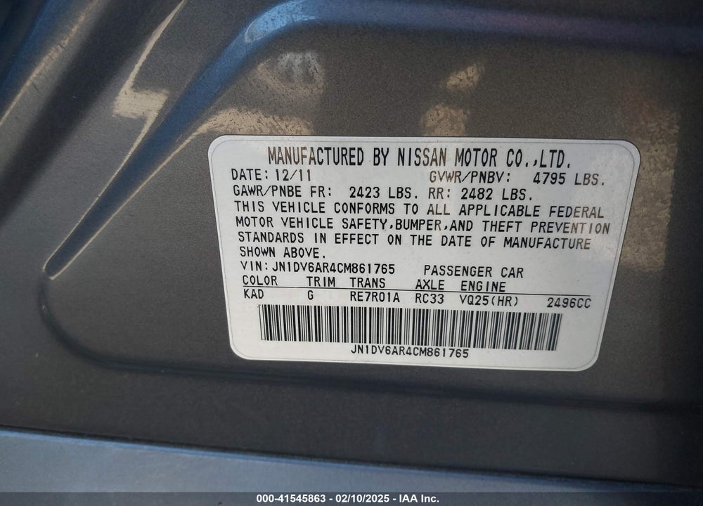 2012 INFINITI G25X VIN: JN1DV6AR4CM861765