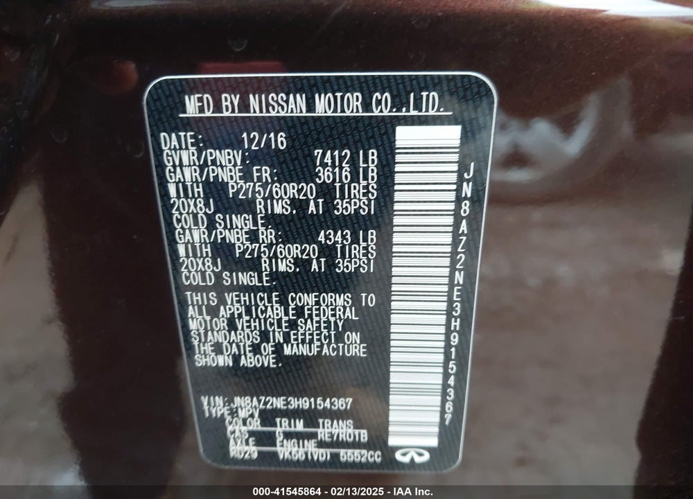 2017 INFINITI QX80 VIN: JN8AZ2NE3H9154367
