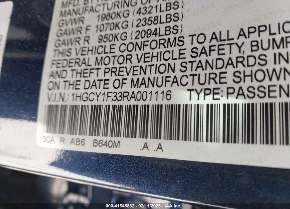 2024 HONDA ACCORD EX VIN: 1HGCY1F33RA001116