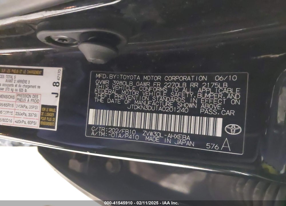 2010 TOYOTA PRIUS III VIN: JTDKN3DU1A0201240