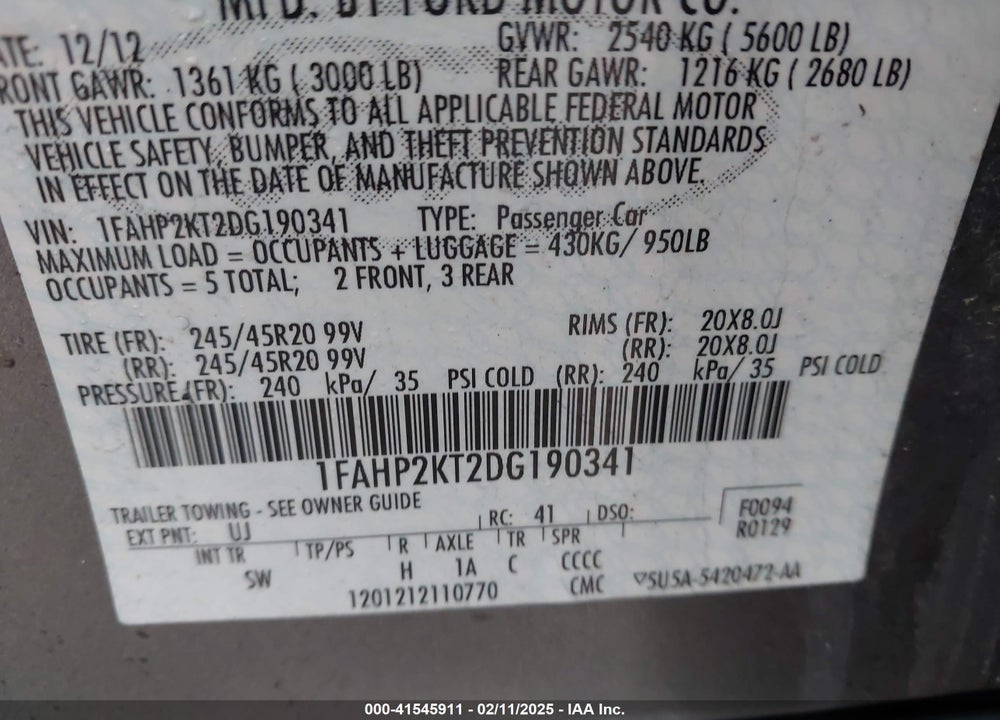 2013 FORD TAURUS VIN: 1FAHP2KT2DG190341