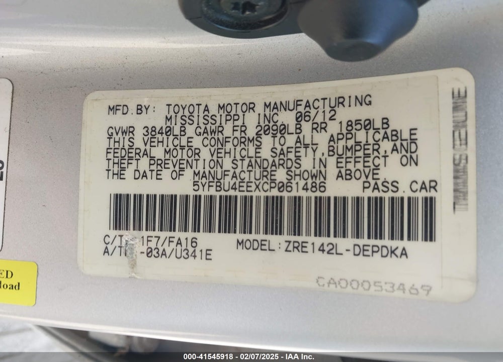 2012 TOYOTA COROLLA L VIN: 5YFBU4EEXCP061486
