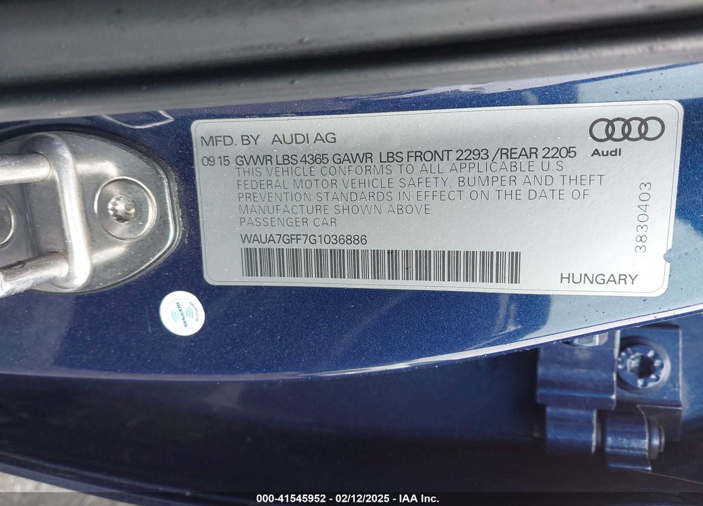2016 AUDI A3 VIN: WAUA7GFF7G1036886