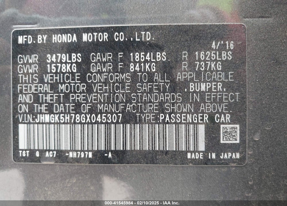 2016 HONDA FIT VIN: JHMGK5H78GX045307