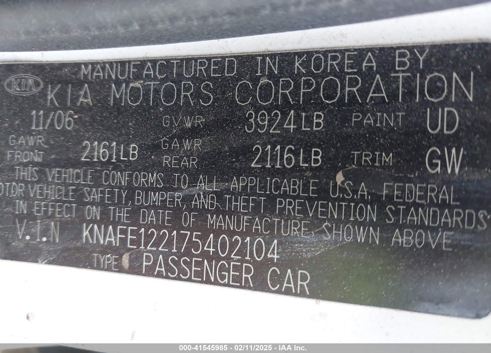2007 KIA SPECTRA VIN: KNAFE122175402104