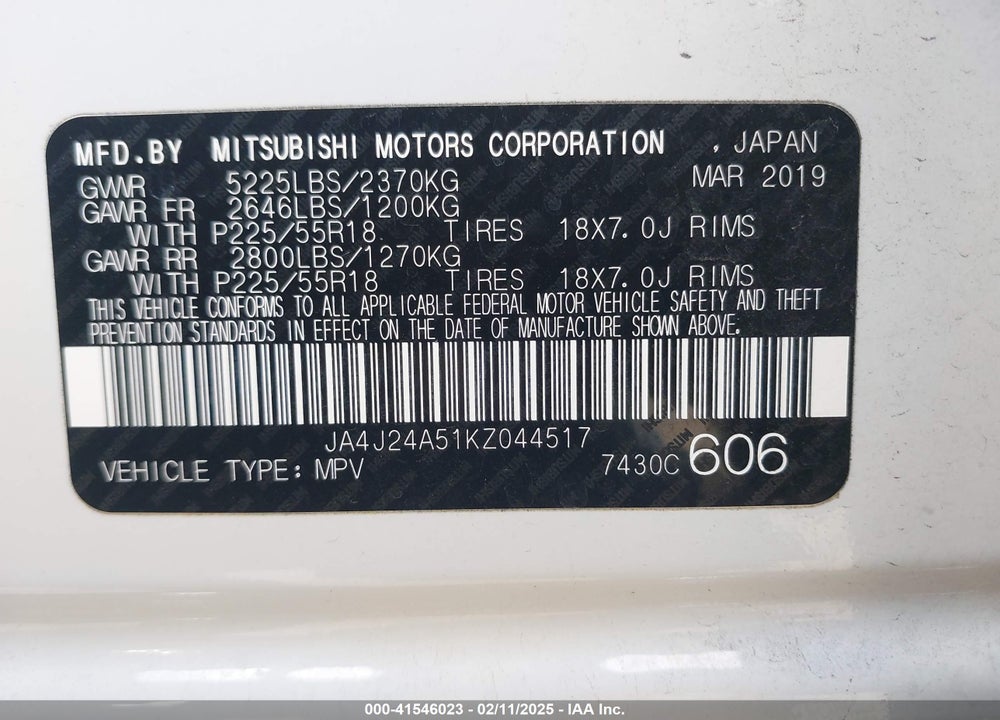 2019 MITSUBISHI OUTLANDER VIN: JA4J24A51KZ044517
