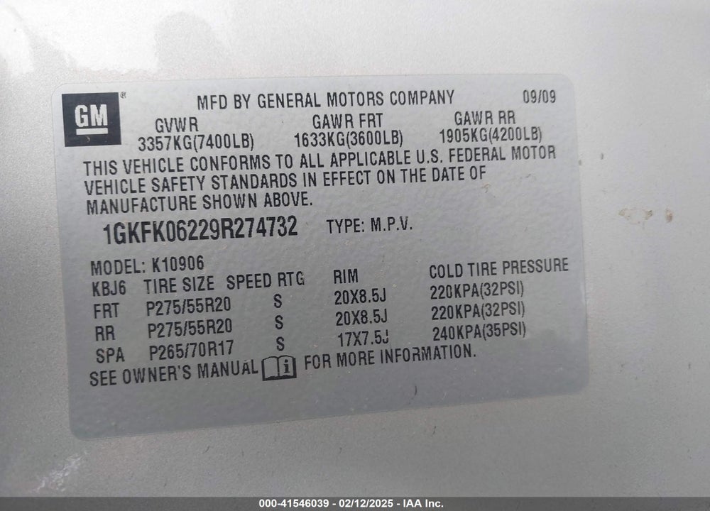 2009 GMC YUKON XL 1500 DENALI VIN: 1GKFK06229R274732