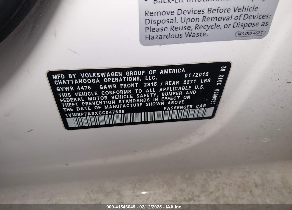 2012 VOLKSWAGEN PASSAT VIN: 1VWBP7A3XCC047638