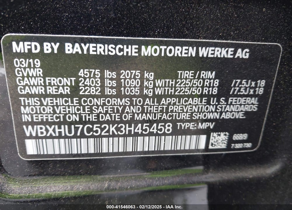 2019 BMW X1 VIN: WBXHU7C52K3H45458