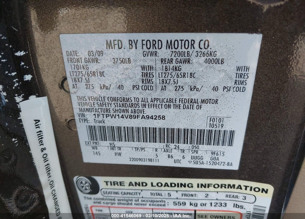 2009 FORD F-150 FX4/KING RANCH/LARIAT/PLATINUM/XL/XLT VIN: 1FTPW14V89FA94258