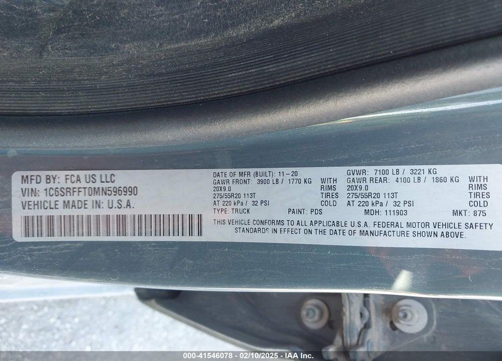 2021 RAM 1500 VIN: 1C6SRFFT0MN596990