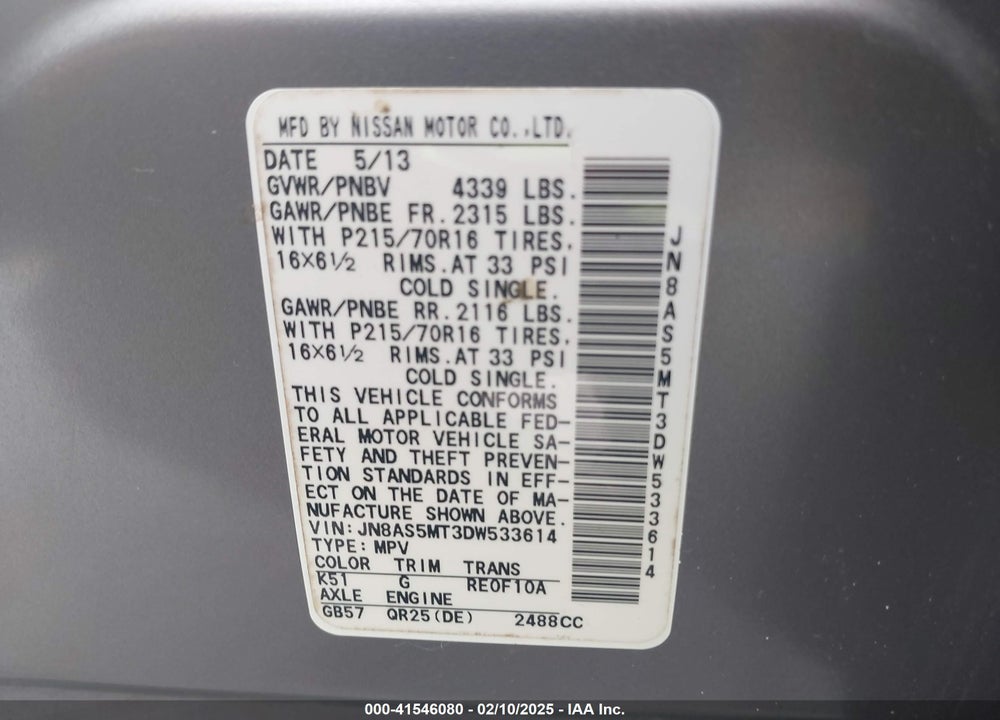 2013 NISSAN ROGUE VIN: JN8AS5MT3DW533614