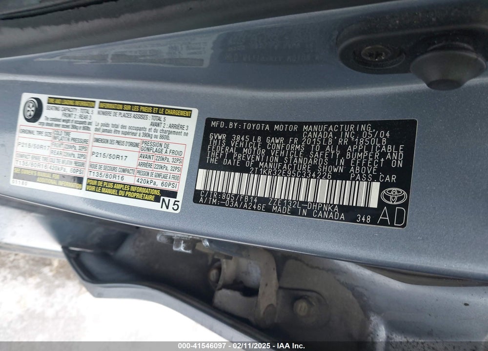 2005 TOYOTA MATRIX/XR VIN: 2T1KR32E95C334226