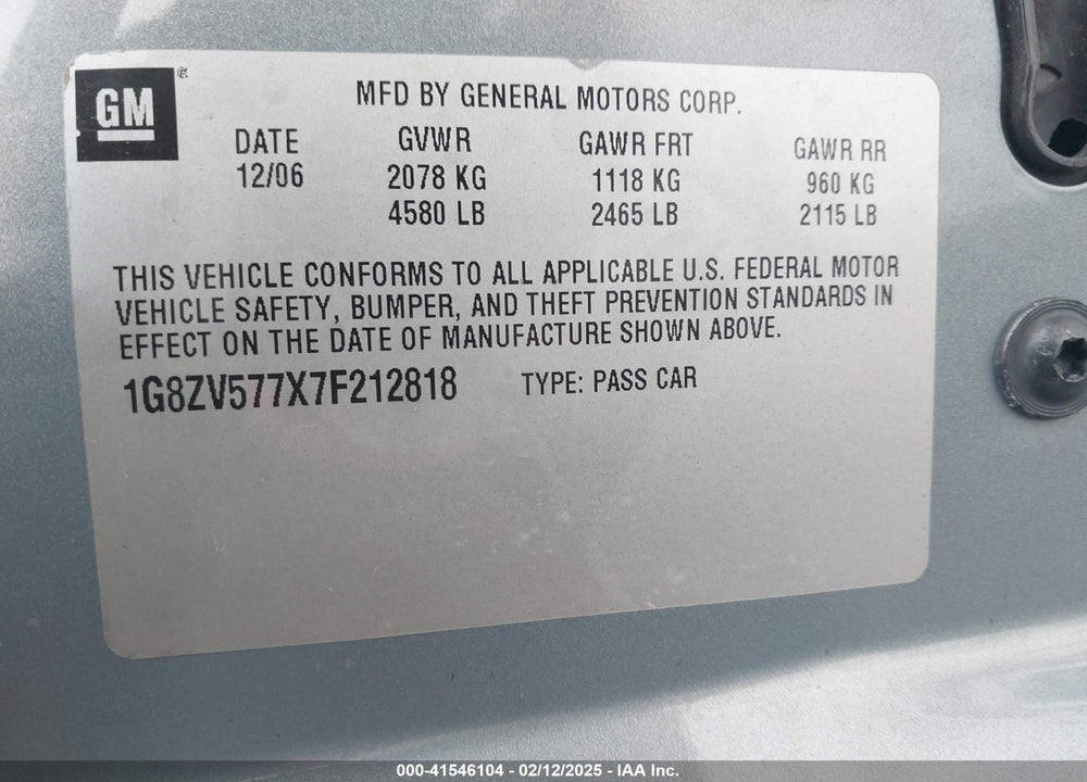2007 SATURN AURA VIN: 1G8ZV577X7F212818
