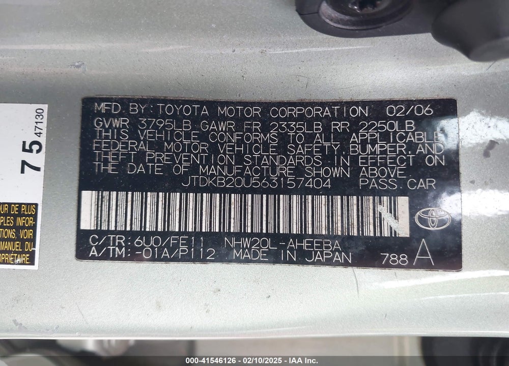 2006 TOYOTA PRIUS VIN: JTDKB20U563157404