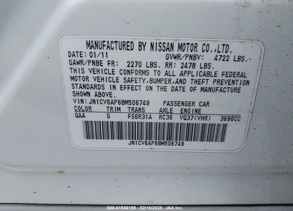 2011 INFINITI G37 SPORT VIN: JN1CV6AP6BM506749