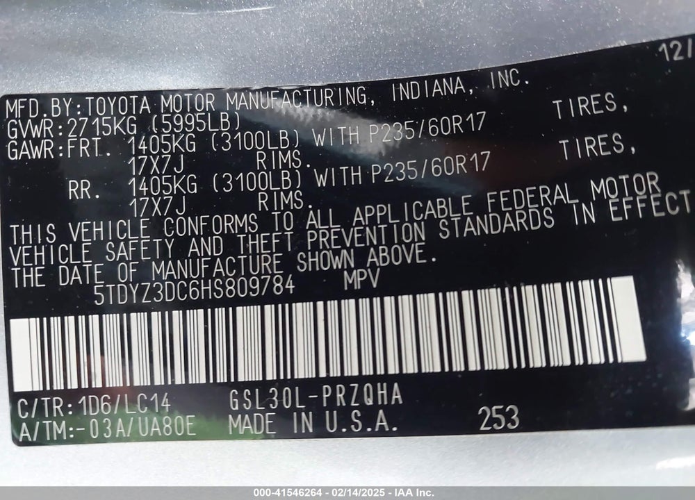 2017 TOYOTA SIENNA XLE LIMITED VIN: 5TDYZ3DC6HS809784