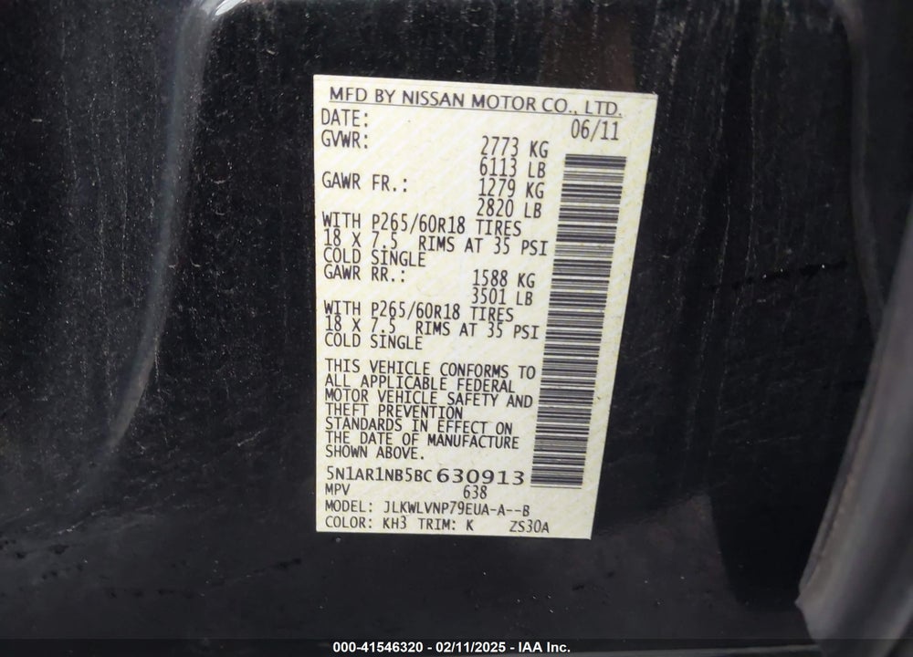 2011 NISSAN PATHFINDER VIN: 5N1AR1NB5BC630913