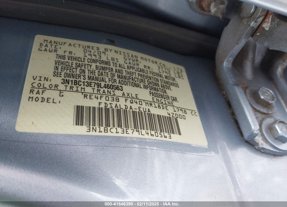 2009 NISSAN VERSA VIN: 3N1BC13E79L460563