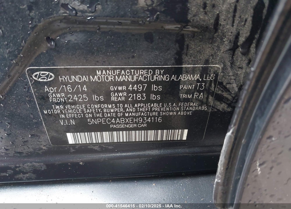 2014 HYUNDAI SONATA VIN: 5NPEC4ABXEH934116